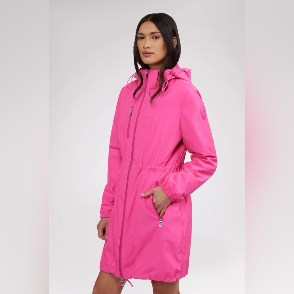 Pajar Esen Women Pink Long Rain Shell Jacket Raincoat Removable Hood Packable XS